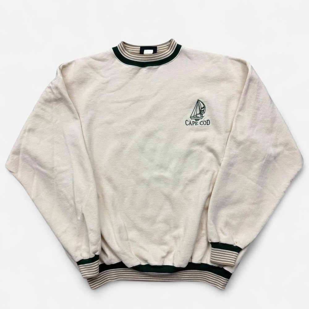 Cape Cod Embroidered Crewneck Sweatshirt - Cream with Green Trim